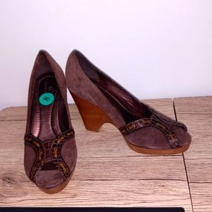 Cole Haan peep to wedge suede 3 inch heel